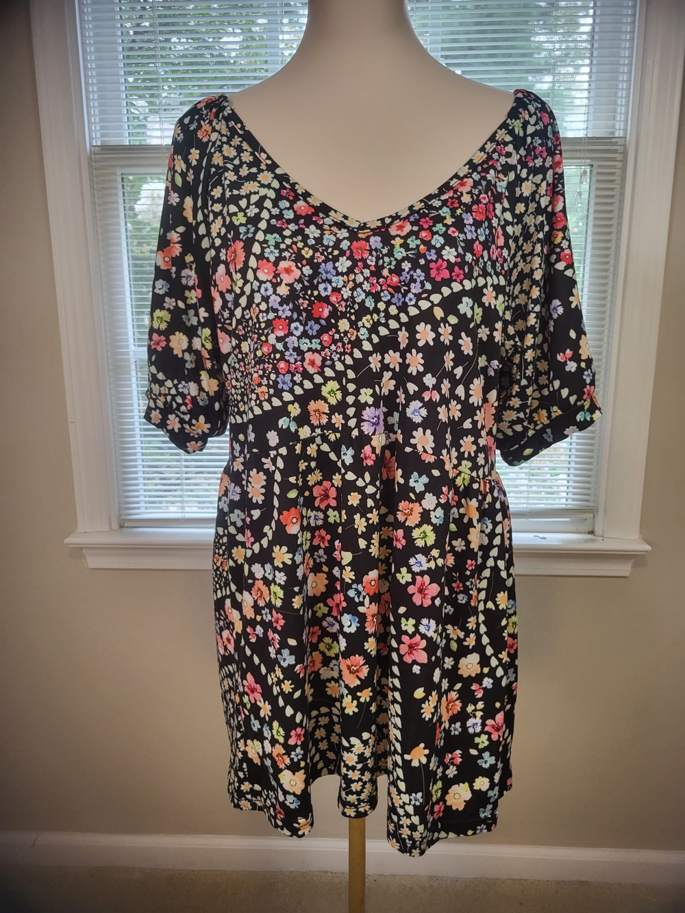 Black Floral V-Neck Tunic Top with Multicolor Blossoms